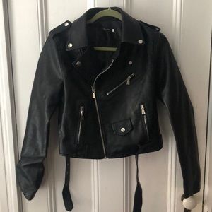 Black Cropped Faux Leather Biker Jacket
